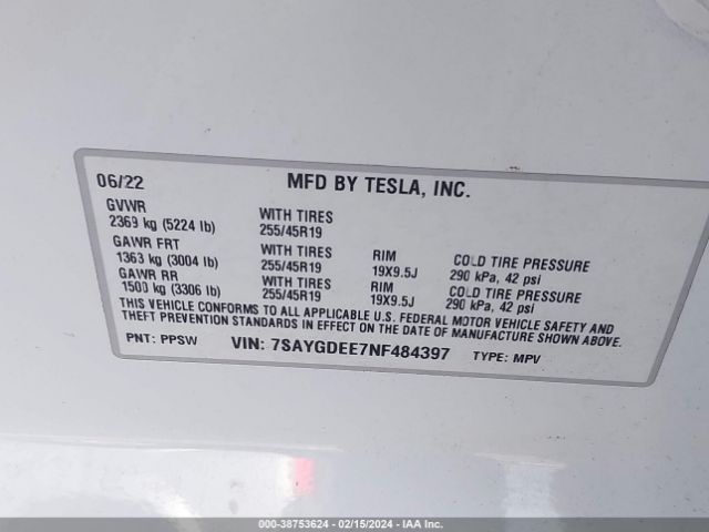 7SAYGDEE7NF484397 Tesla Model Y Long Range Dual Motor All-wheel Drive