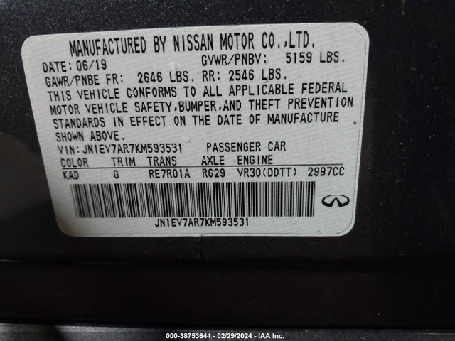 38753644 :رقم المزاد ، JN1EV7AR7KM593531 vin ، 2019 Infiniti Q50 3.0t Sport مزاد بيع