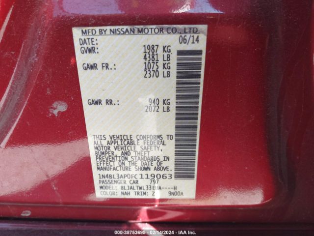 1N4BL3AP0FC119063 Nissan Altima 3.5 Sl