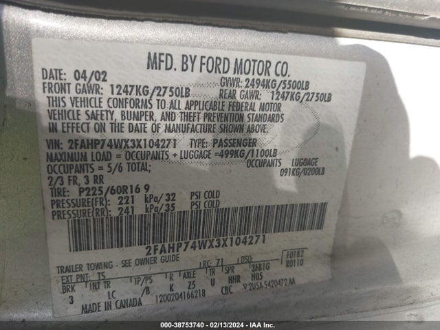 2003 FORD CROWN VICTORIA LX VIN: 2FAHP74WX3X104271