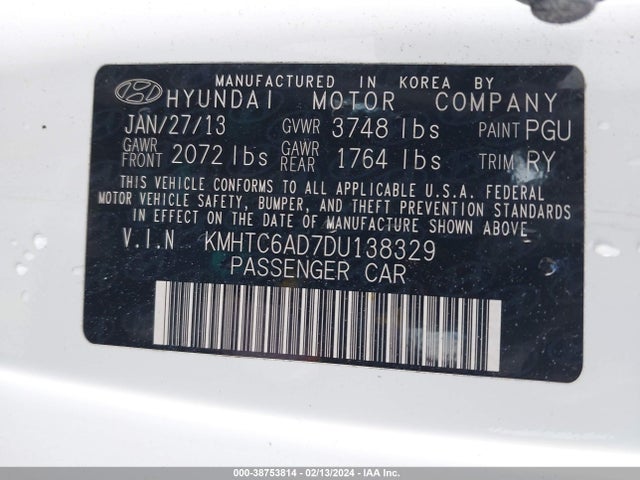 2013 HYUNDAI VELOSTER BASE W/BLACK VIN: KMHTC6AD7DU138329