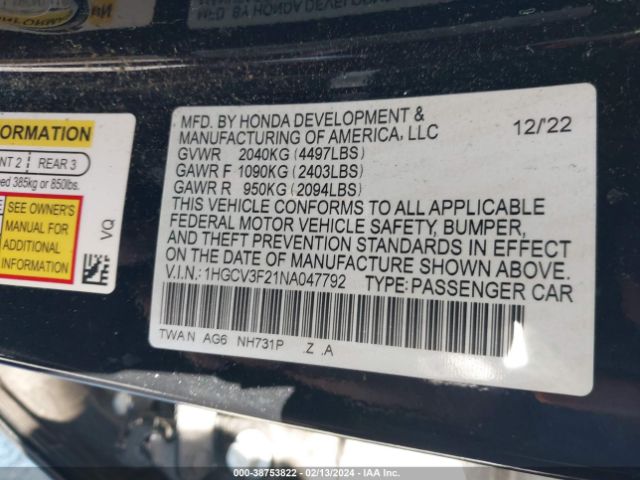 1HGCV3F21NA047792 Honda Accord Hybrid Sport