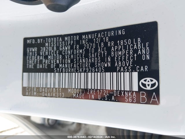 Toyota COROLLA LE 2019 5YFBURHE5KP926405 Image 9