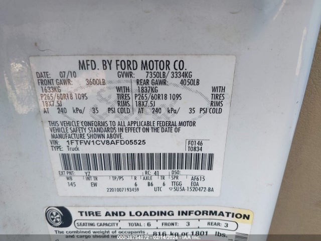 2010 FORD F-150 FX2 SPORT/HARLEY-DAVIDSON/KING RANCH/LARIAT/PLATINUM/XL/XLT VIN: 1FTFW1CV8AFD05525
