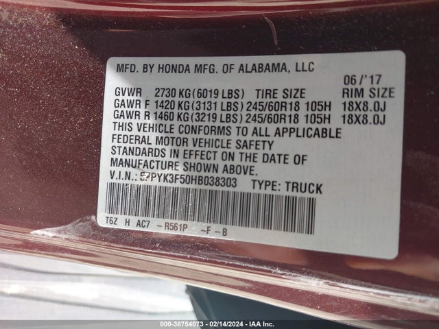 Honda Ridgeline Rtl 2017 5FPYK3F50HB038303 Image 9