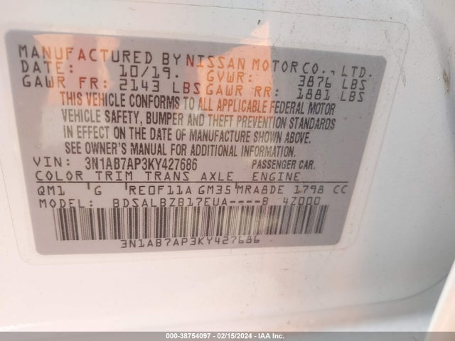 Nissan SENTRA S 2019 3N1AB7AP3KY427686 Image 9