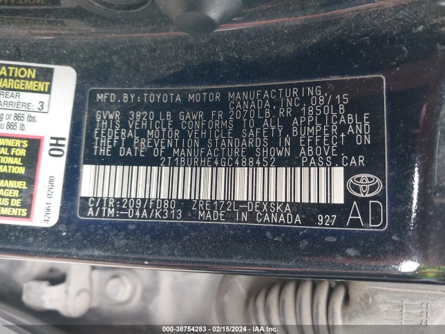 Toyota Corolla S Plus 2016 2T1BURHE4GC488452 Image 9