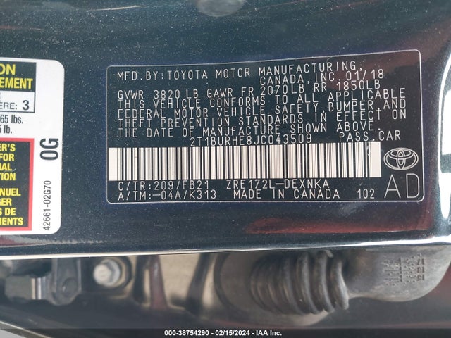Toyota COROLLA LE 2018 2T1BURHE8JC043509 Image 9