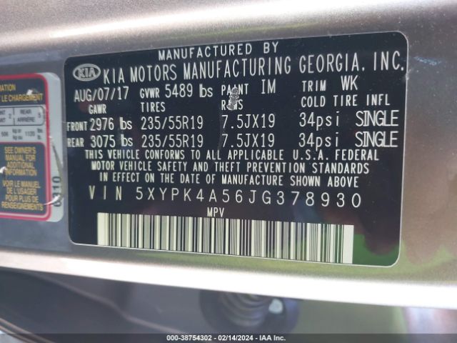 5XYPK4A56JG378930 KIA Sorento 3.3l Sxl