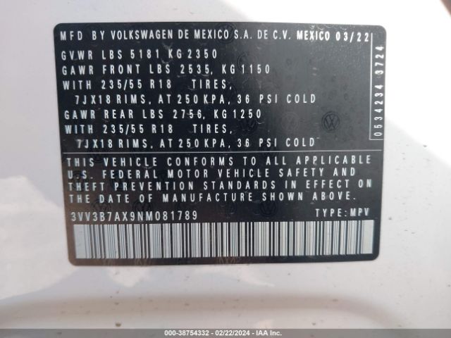 3VV3B7AX9NM081789 Volkswagen Tiguan 2.0t Se