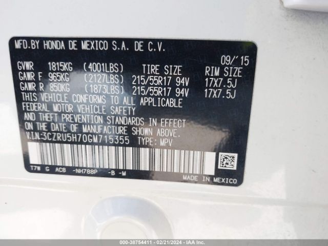3CZRU5H70GM715355 Honda Hr-v Ex-l
