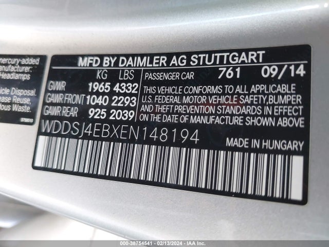 2014 MERCEDES-BENZ CLA 250 VIN: WDDSJ4EBXEN148194
