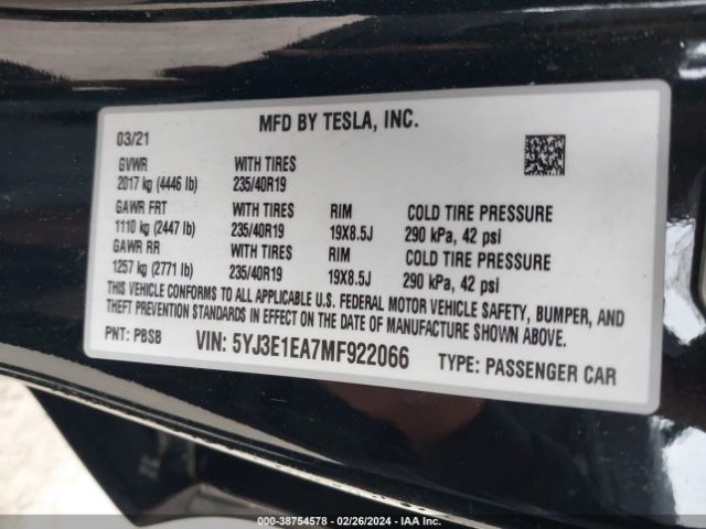 5YJ3E1EA7MF922066 Tesla Model 3 Standard Range Plus Rear-wheel Drive