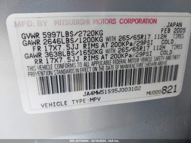 2005 MITSUBISHI MONTERO LIMITED VIN: JA4MW51S95J003102