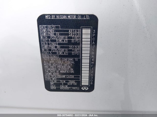 3PCAJ5BA4MF126308 Infiniti Qx50 Luxe