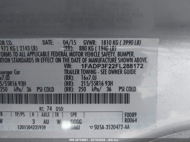 Ford FOCUS SE 2015 1FADP3F22FL288172 Image 9