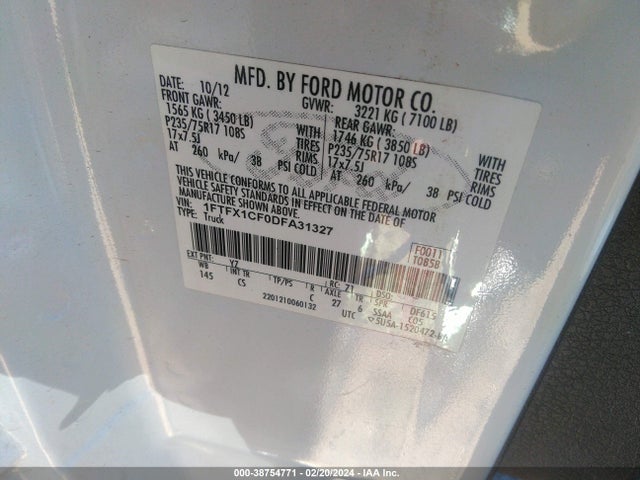 2013 FORD F-150 XL VIN: 1FTFX1CF0DFA31327