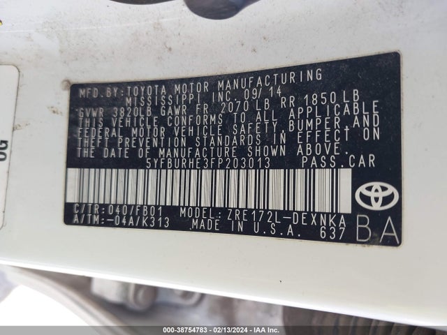 Toyota COROLLA LE 2015 5YFBURHE3FP203013 Image 9
