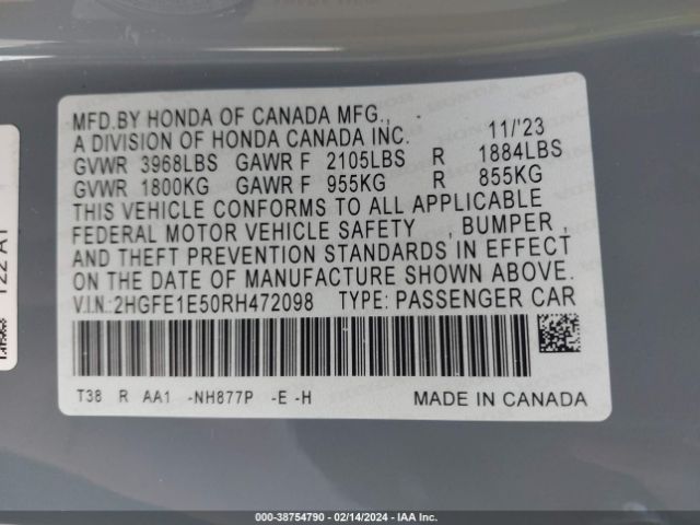 2HGFE1E50RH472098 Honda CIVIC SI SEDAN