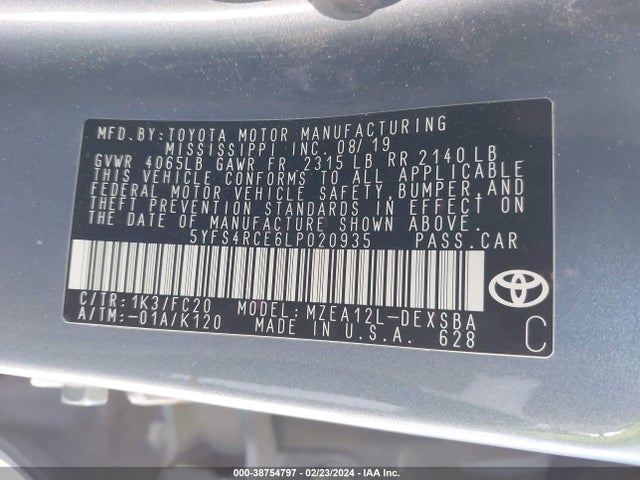 Toyota COROLLA SE 2020 5YFS4RCE6LP020935 Image 9
