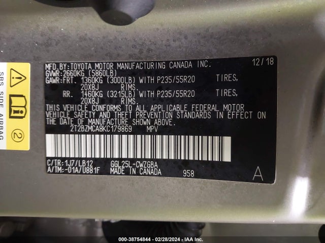 2T2BZMCA8KC179869 Lexus RX 350