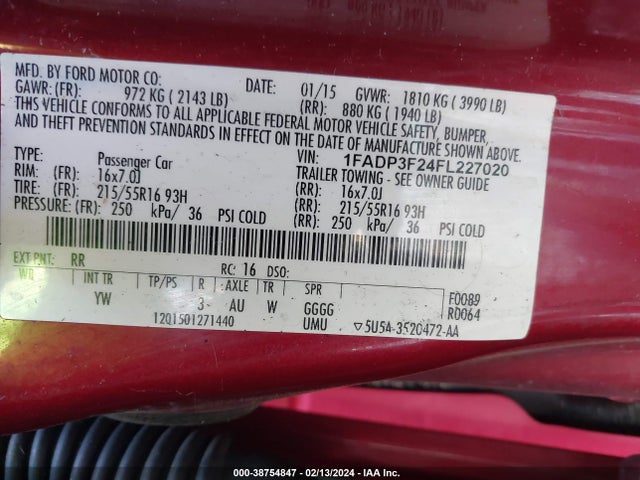 38754847 :رقم المزاد ، 1FADP3F24FL227020 vin ، 2015 Ford Focus Se مزاد بيع