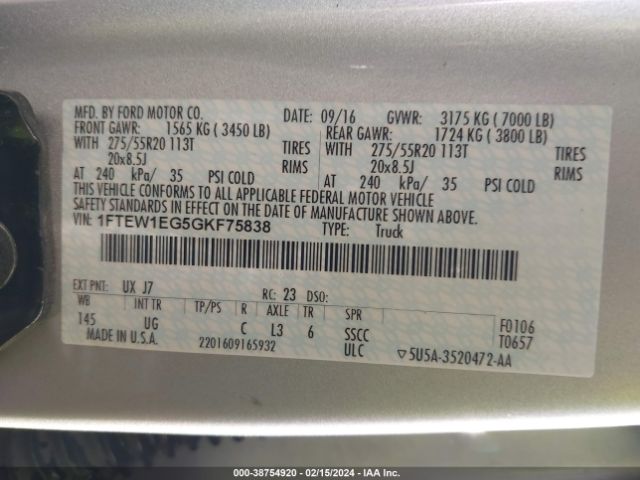 1FTEW1EG5GKF75838 Ford F-150 Xlt