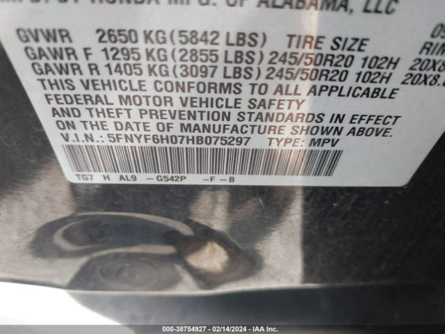 5FNYF6H07HB075297 Honda Pilot Elite