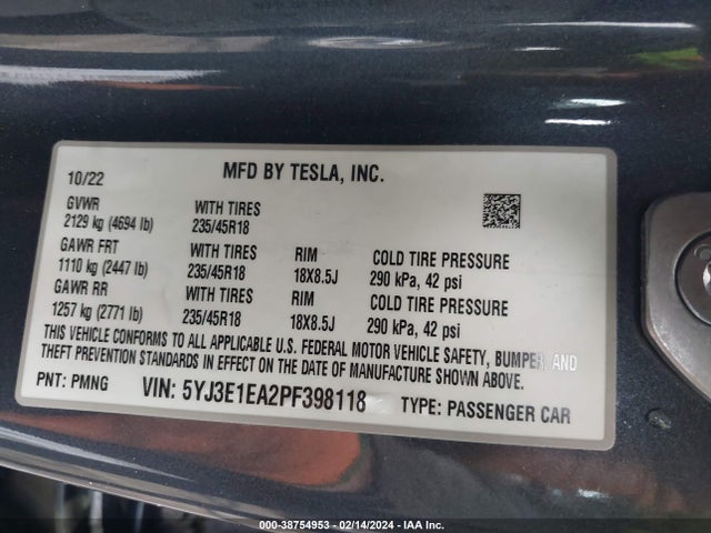 5YJ3E1EA2PF398118 Tesla Model 3 Rear-wheel Drive
