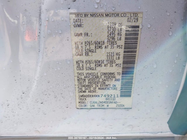 Nissan Frontier Sv 2019 1N6AD0ER4KN749211 Image 9