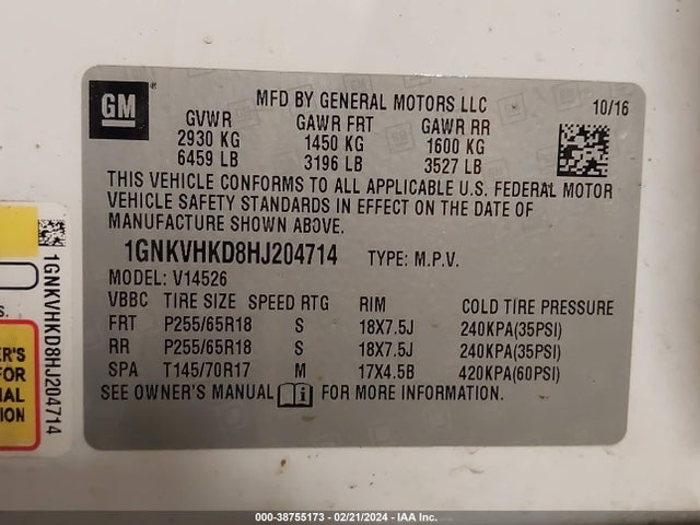 Chevrolet Traverse 2lt 2017 1GNKVHKD8HJ204714 Image 9
