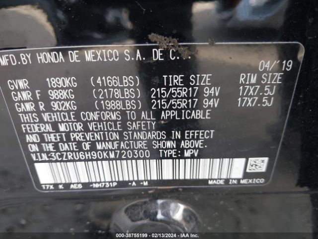 3CZRU6H90KM720300 Honda Hr-v Touring