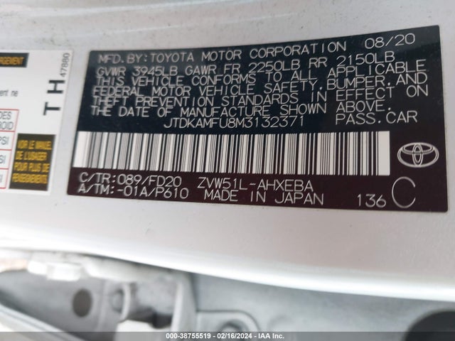 2021 TOYOTA PRIUS LE VIN: JTDKAMFU8M3132371
