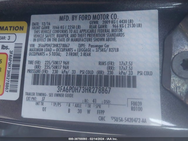 Ford FUSION SE 2017 3FA6P0H73HR278867 Image 9