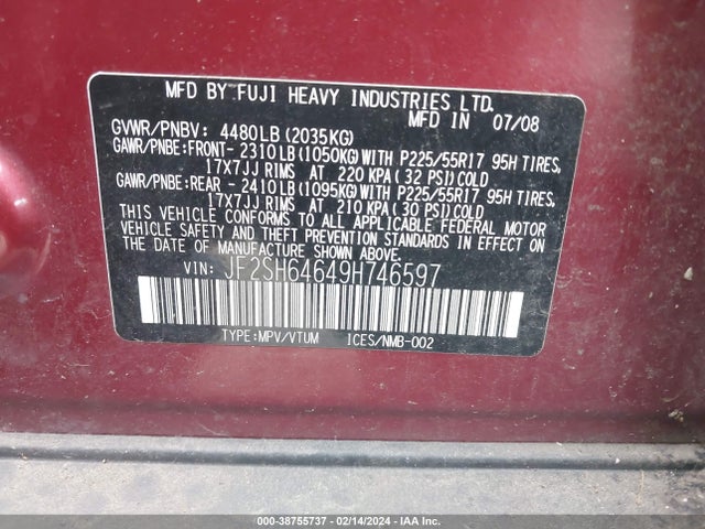 2009 SUBARU FORESTER 2.5X LIMITED VIN: JF2SH64649H746597