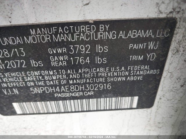 38755784 :رقم المزاد ، 5NPDH4AE8DH302916 vin ، 2013 Hyundai Elantra Gls مزاد بيع