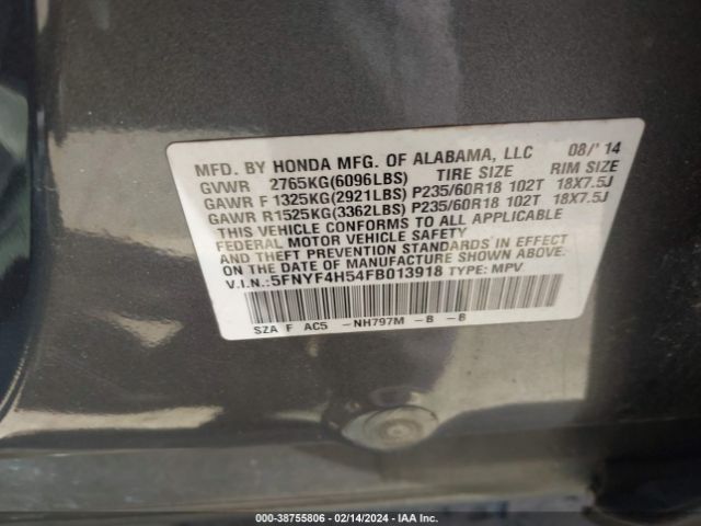 5FNYF4H54FB013918 Honda Pilot Ex-l