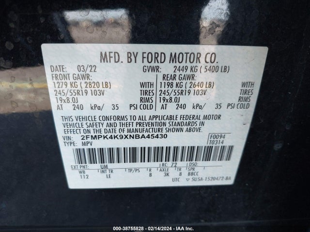 2022 FORD EDGE TITANIUM VIN: 2FMPK4K9XNBA45430