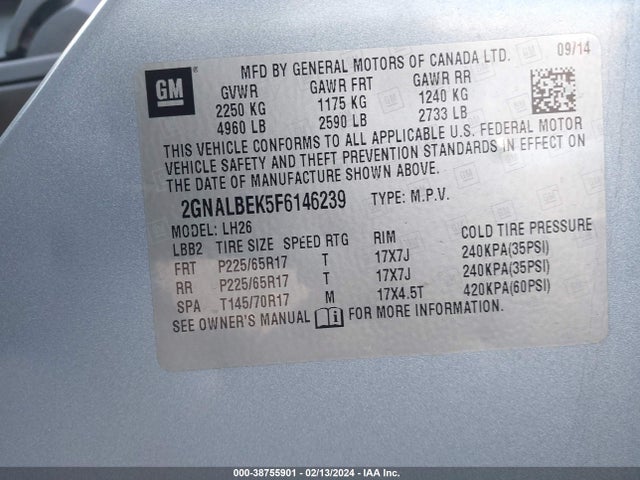 Chevrolet EQUINOX 1LT 2015 2GNALBEK5F6146239 Image 9