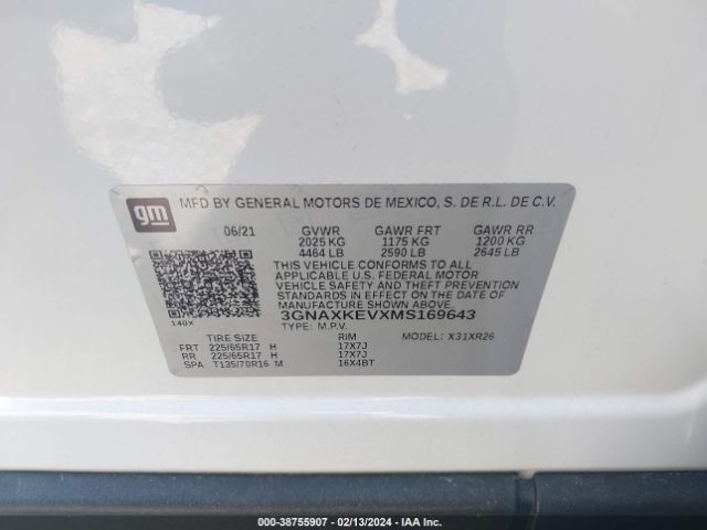 3GNAXKEVXMS169643 Chevrolet Equinox Fwd Lt
