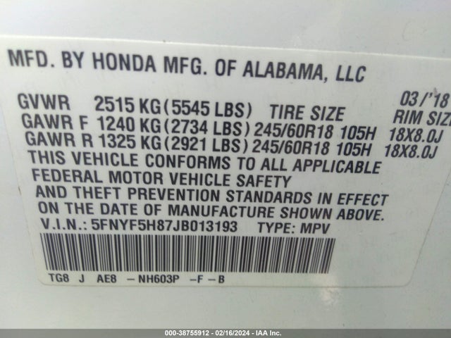 Honda Pilot Ex-l 2018 5FNYF5H87JB013193 Image 9