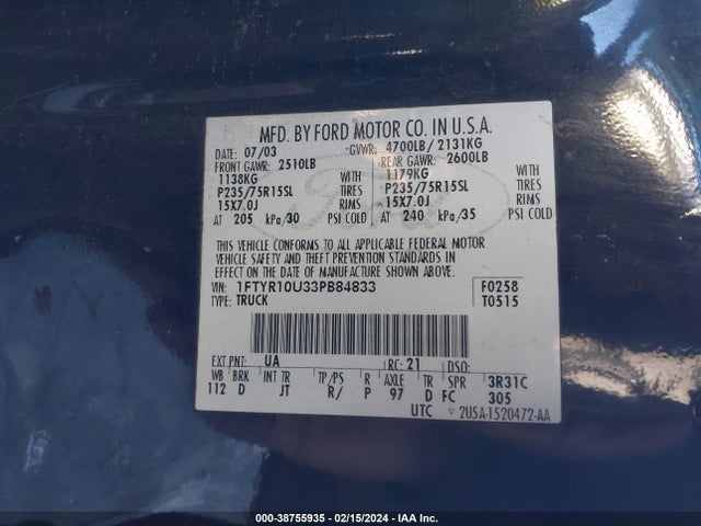 2003 FORD RANGER EDGE/XL/XLT VIN: 1FTYR10U33PB84833