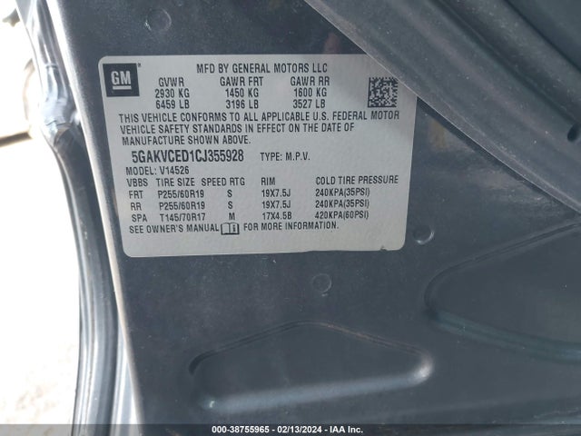 2012 BUICK ENCLAVE LEATHER VIN: 5GAKVCED1CJ355928