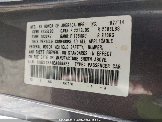 Honda ACCORD EX 2014 1HGCT1B74EA008822 Image 9
