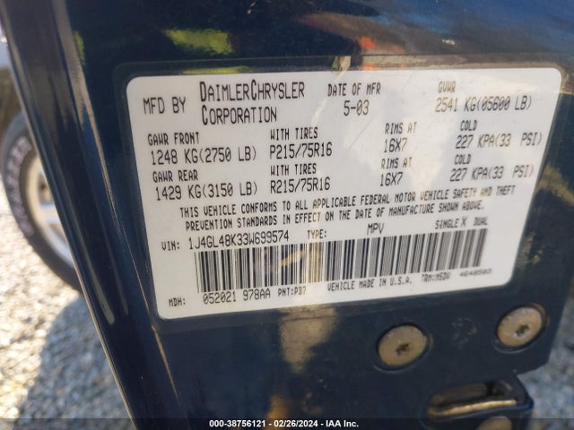 2003 JEEP LIBERTY SPORT VIN: 1J4GL48K33W699574