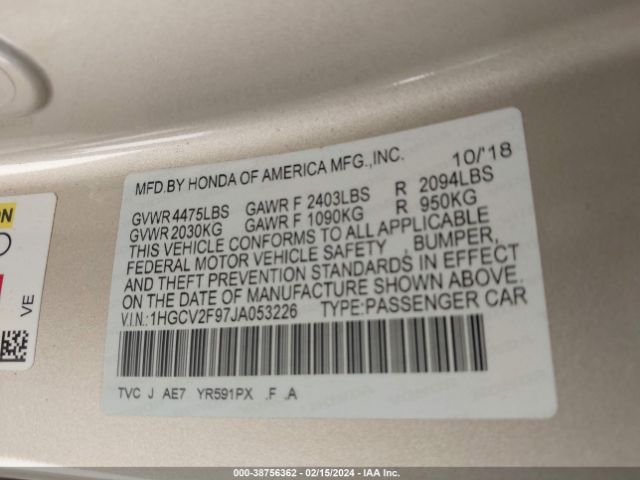1HGCV2F97JA053226 Honda Accord Touring 2.0t