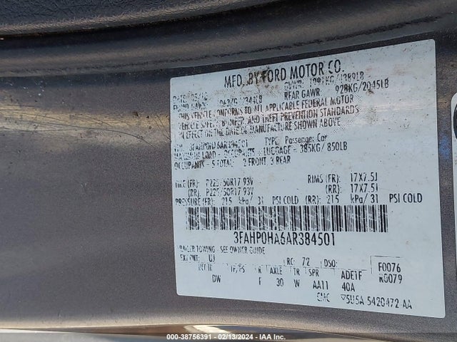 2010 FORD FUSION SE VIN: 3FAHP0HA6AR384501