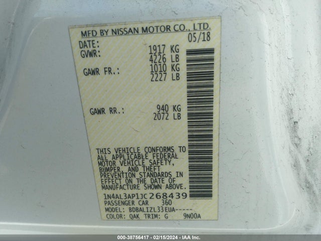 Nissan Altima 2.5 Sv 2018 1N4AL3AP1JC268439 Image 9