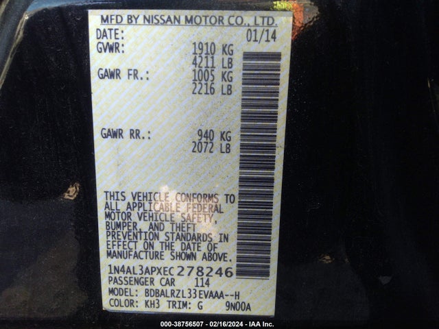 Nissan Altima 2.5 S 2014 1N4AL3APXEC278246 Image 9