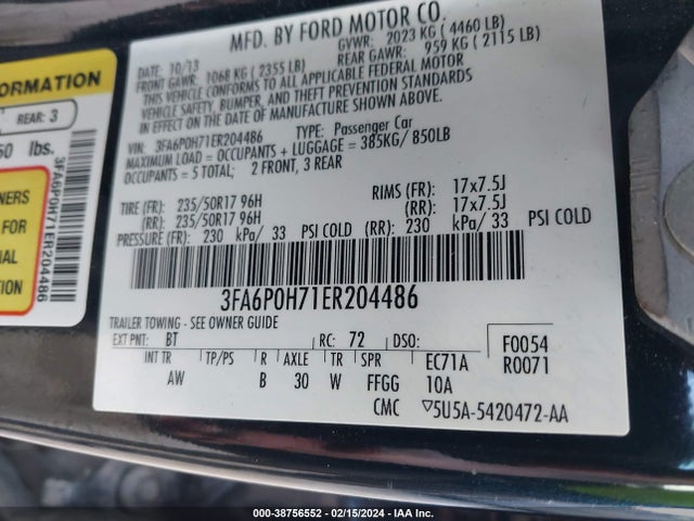 Ford FUSION SE 2014 3FA6P0H71ER204486 Image 9